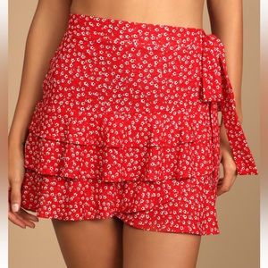 Lulus Large Flourishing Moments Red Floral Print Side-Tie Tiered Mini Skirt
